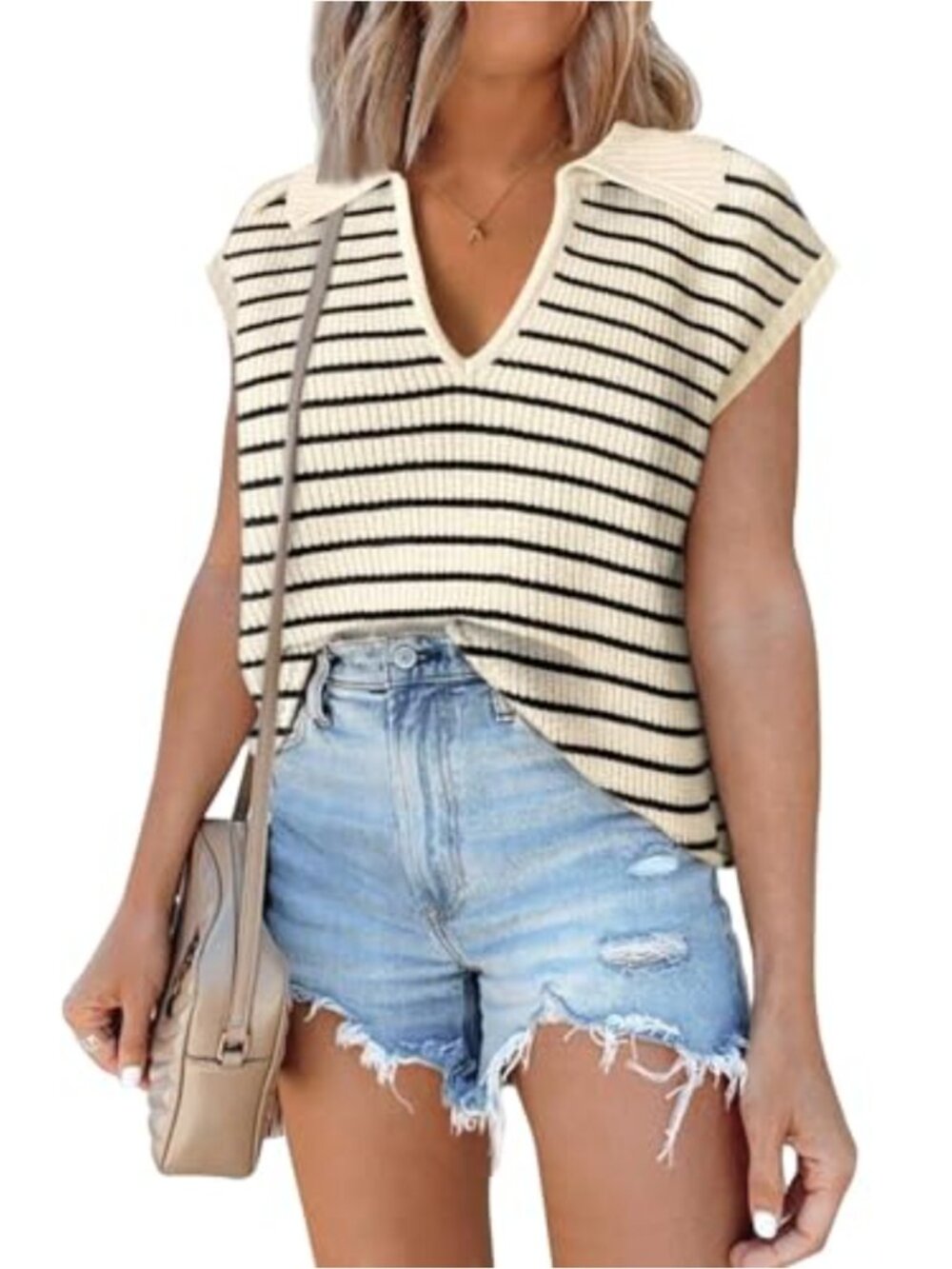 Women's Striped Polo Collar V-Neck Sweater Vest Cap Sleeve Ribbed Knit Top